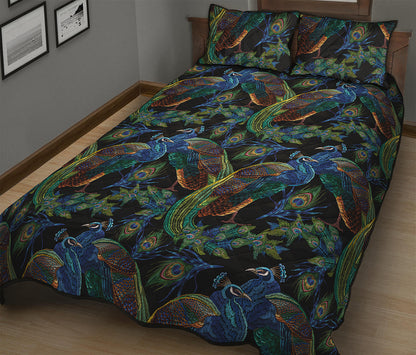 Embroidery Peacock Pattern Print Quilt Bed Set