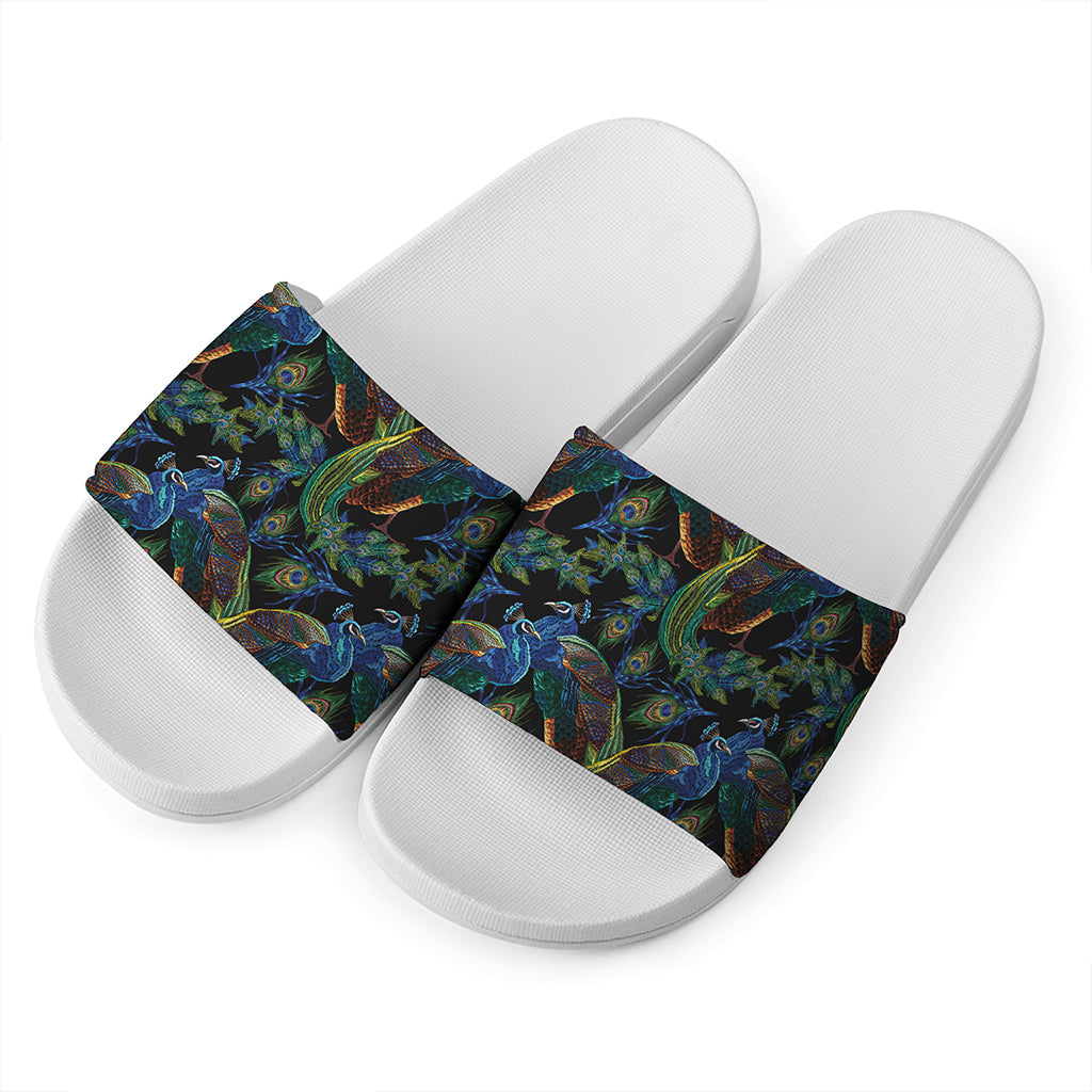 Embroidery Peacock Pattern Print White Slide Sandals