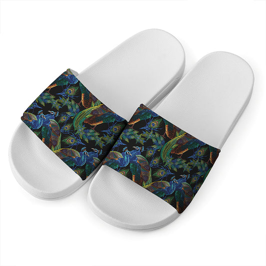 Embroidery Peacock Pattern Print White Slide Sandals