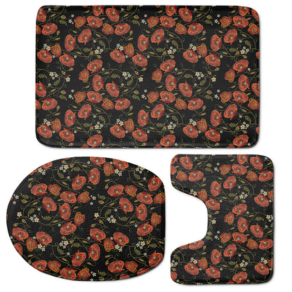 Embroidery Poppy Pattern Print 3 Piece Bath Mat Set