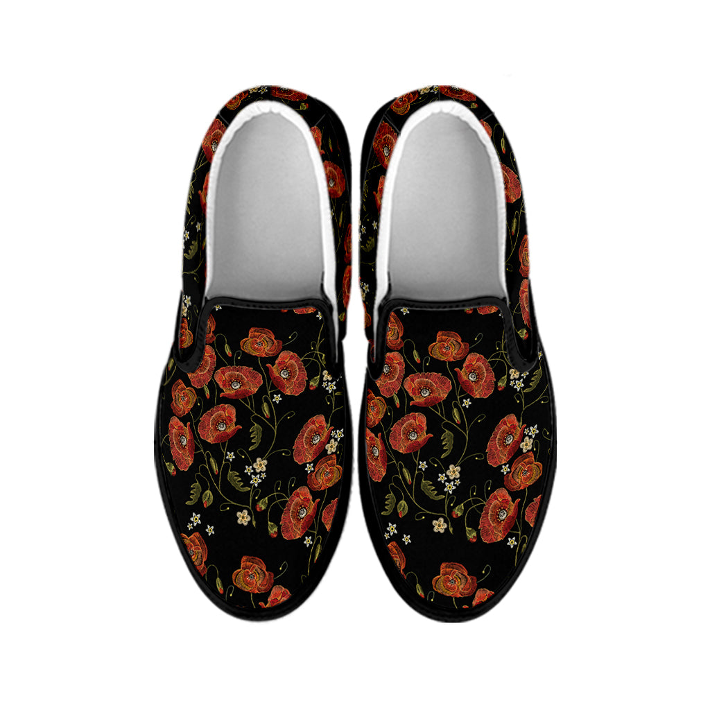 Embroidery Poppy Pattern Print Black Slip On Shoes