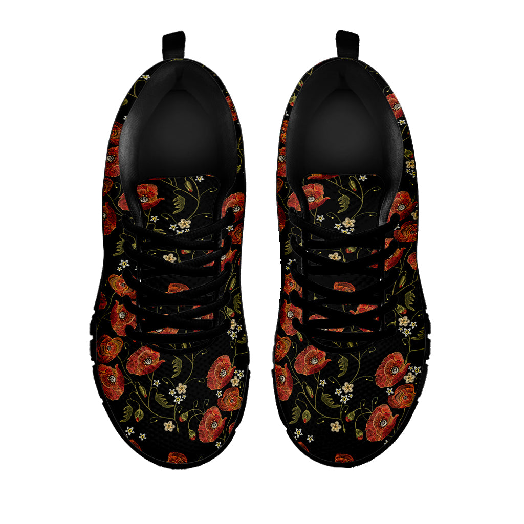 Embroidery Poppy Pattern Print Black Sneakers