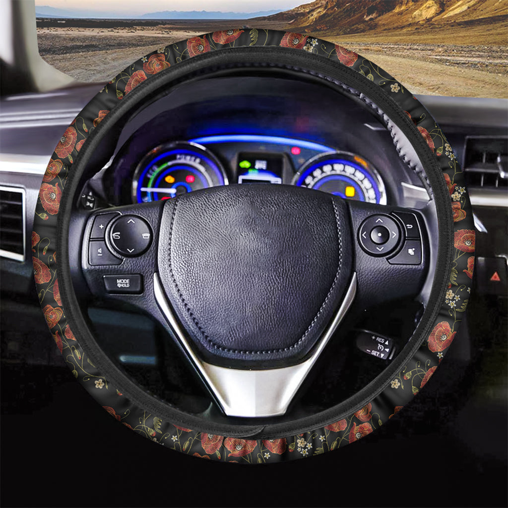 Embroidery Poppy Pattern Print Car Steering Wheel Cover