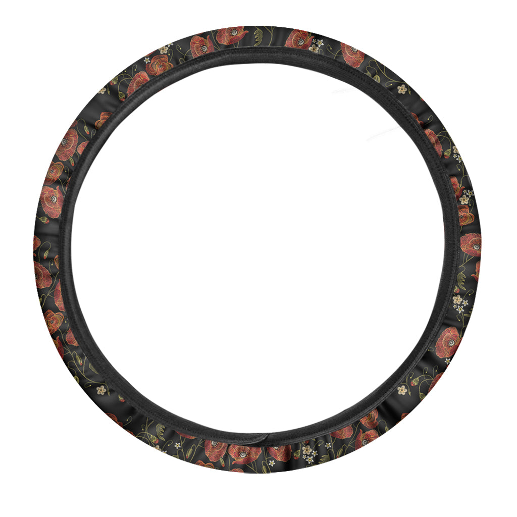 Embroidery Poppy Pattern Print Car Steering Wheel Cover
