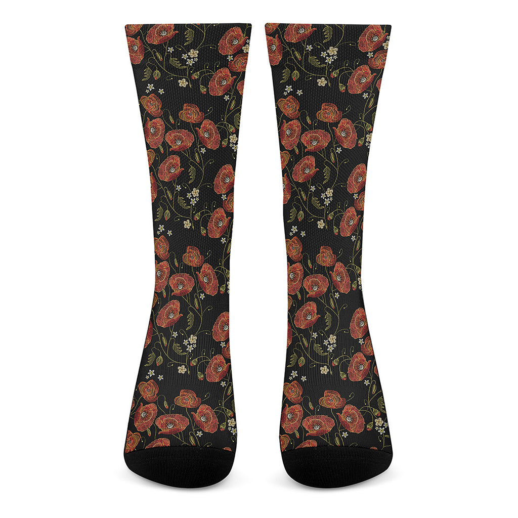 Embroidery Poppy Pattern Print Crew Socks
