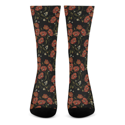 Embroidery Poppy Pattern Print Crew Socks