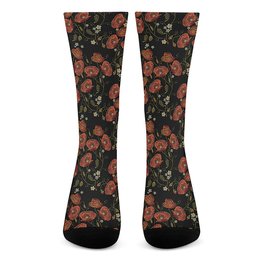 Embroidery Poppy Pattern Print Crew Socks
