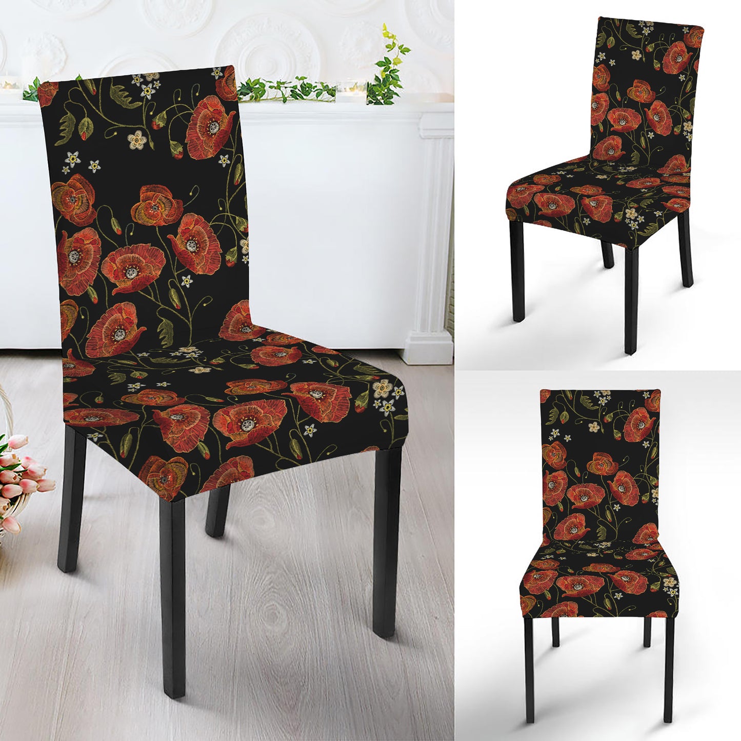 Embroidery Poppy Pattern Print Dining Chair Slipcover