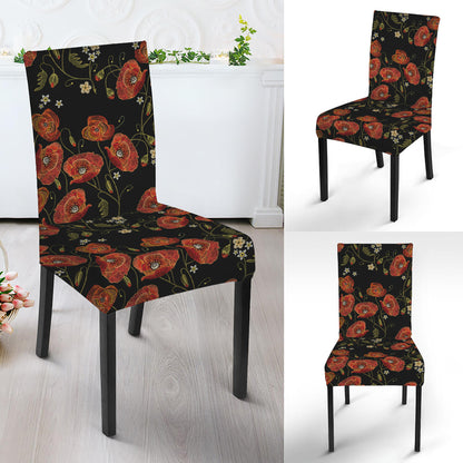 Embroidery Poppy Pattern Print Dining Chair Slipcover