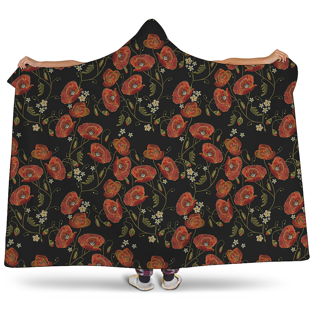 Embroidery Poppy Pattern Print Hooded Blanket