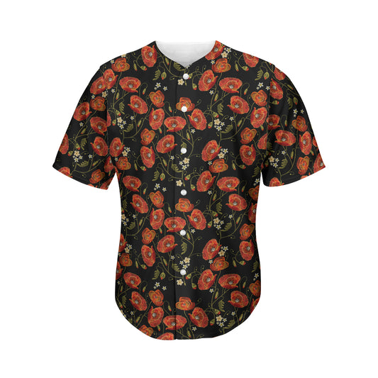 Embroidery Poppy Pattern Print Men's Baseball Jersey