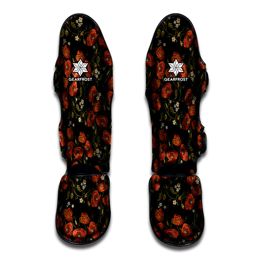 Embroidery Poppy Pattern Print Muay Thai Shin Guard