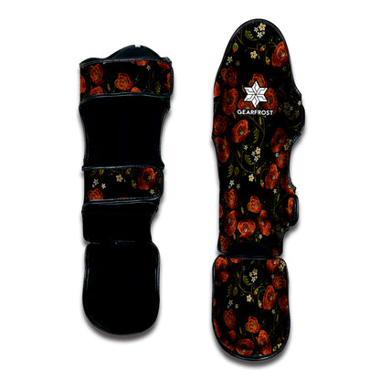 Embroidery Poppy Pattern Print Muay Thai Shin Guard