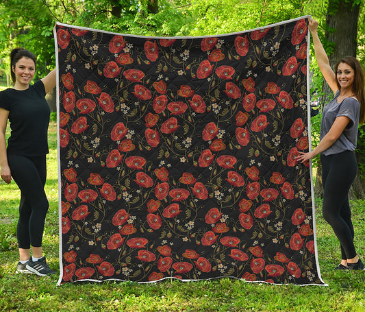 Embroidery Poppy Pattern Print Quilt