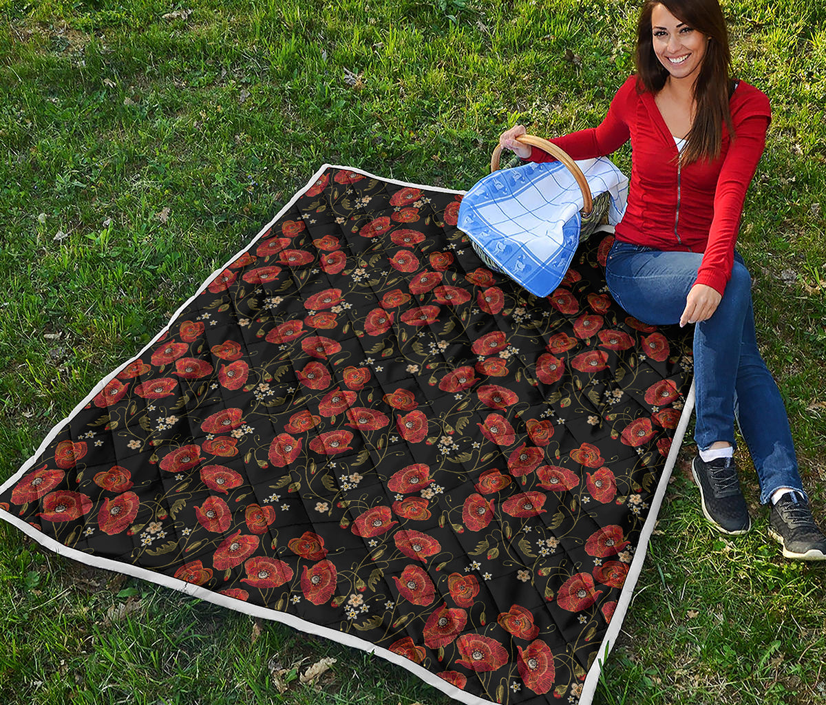 Embroidery Poppy Pattern Print Quilt