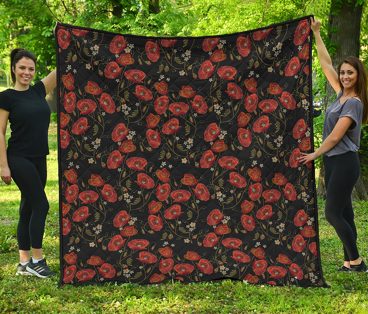 Embroidery Poppy Pattern Print Quilt