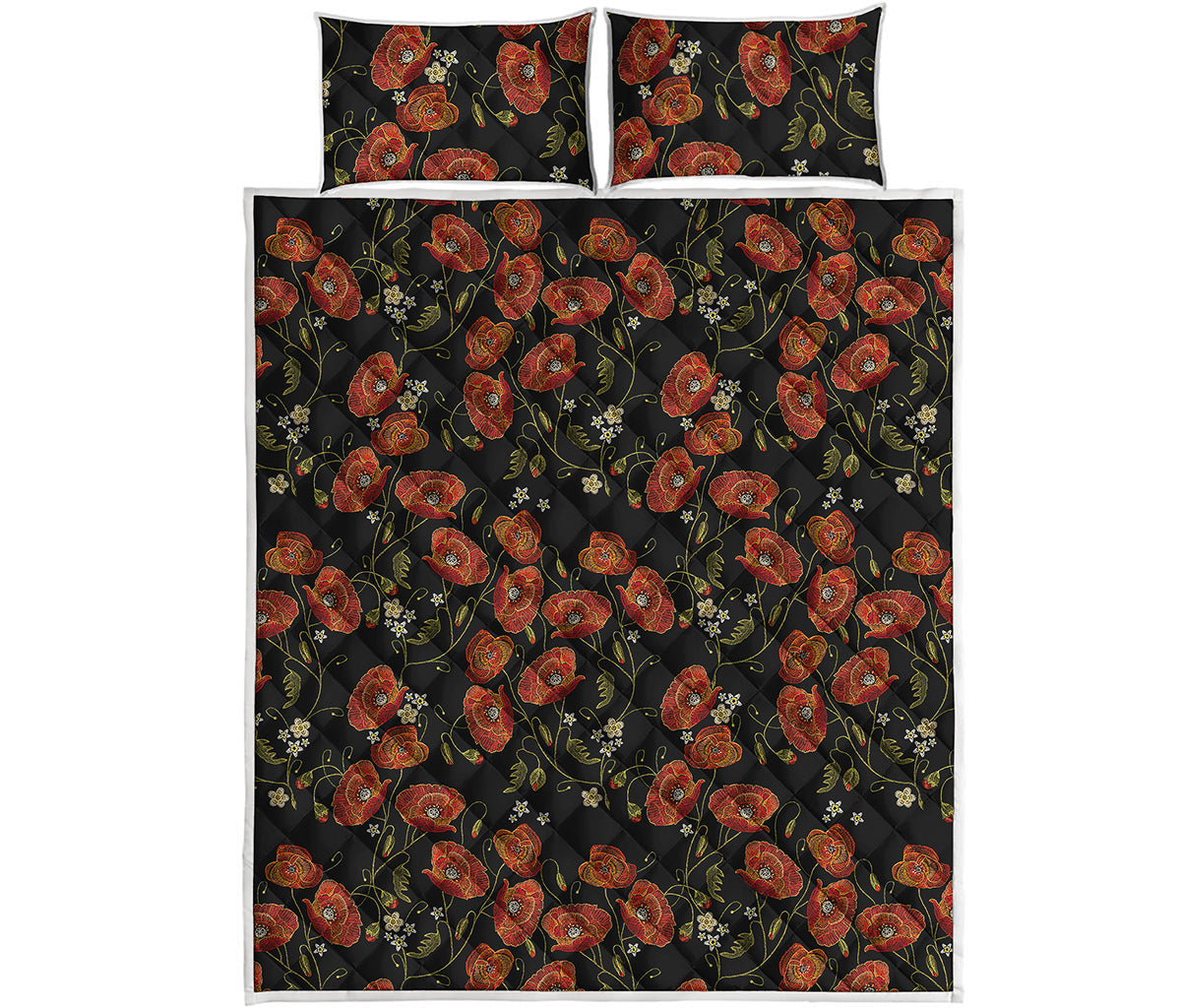 Embroidery Poppy Pattern Print Quilt Bed Set