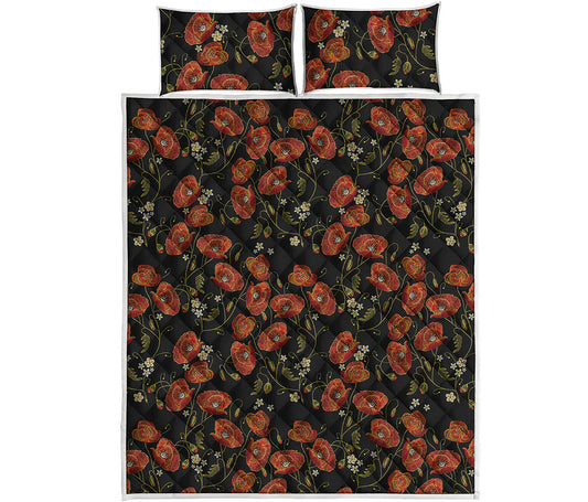 Embroidery Poppy Pattern Print Quilt Bed Set