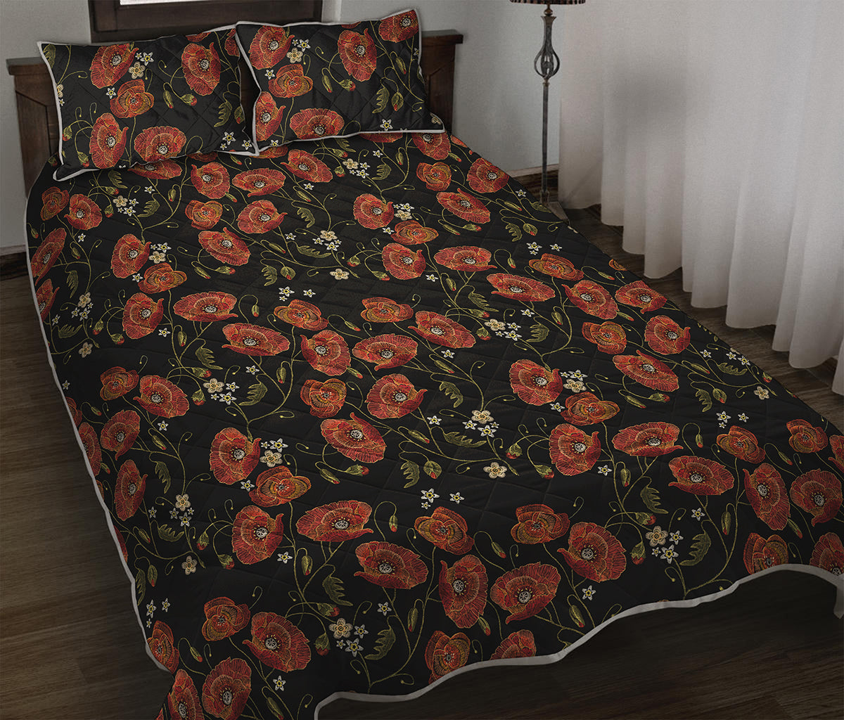 Embroidery Poppy Pattern Print Quilt Bed Set