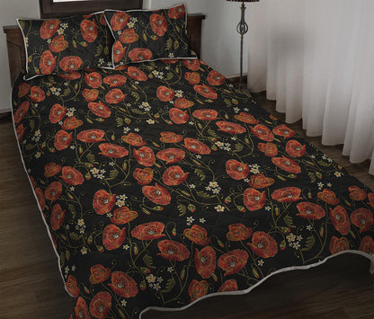 Embroidery Poppy Pattern Print Quilt Bed Set