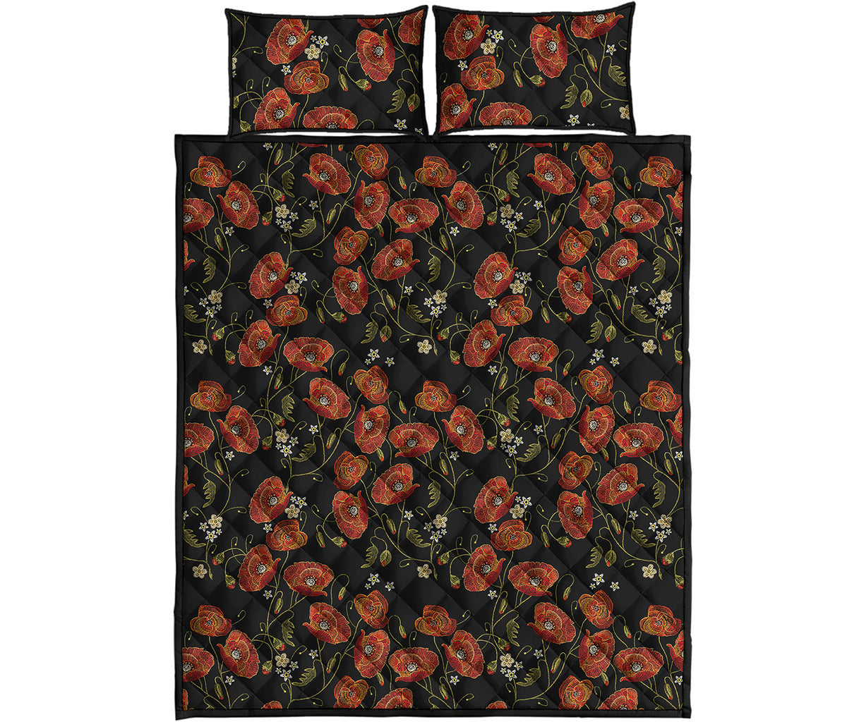 Embroidery Poppy Pattern Print Quilt Bed Set