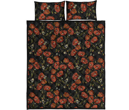 Embroidery Poppy Pattern Print Quilt Bed Set
