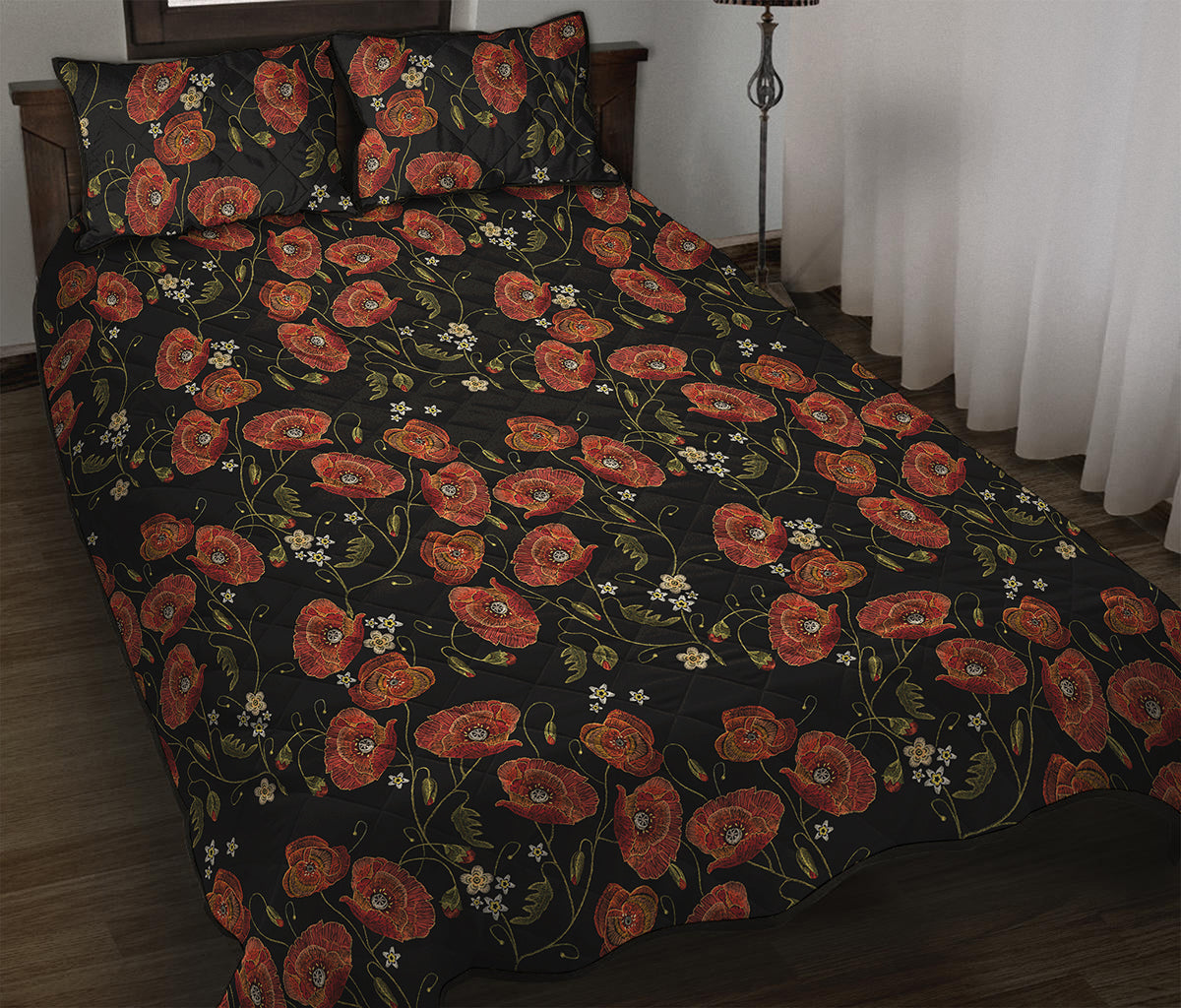 Embroidery Poppy Pattern Print Quilt Bed Set