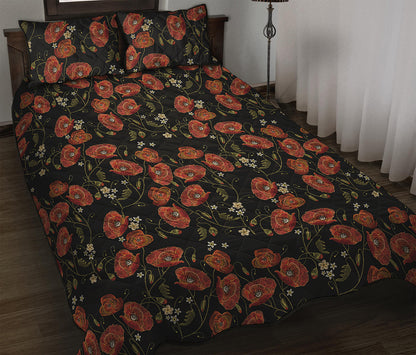 Embroidery Poppy Pattern Print Quilt Bed Set