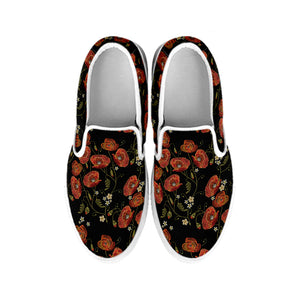 Embroidery Poppy Pattern Print White Slip On Shoes