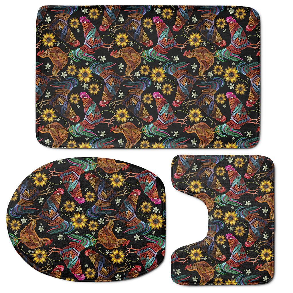 Embroidery Rooster Pattern Print 3 Piece Bath Mat Set