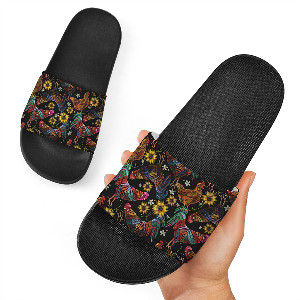 Embroidery Rooster Pattern Print Black Slide Sandals