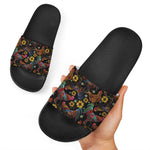 Embroidery Rooster Pattern Print Black Slide Sandals