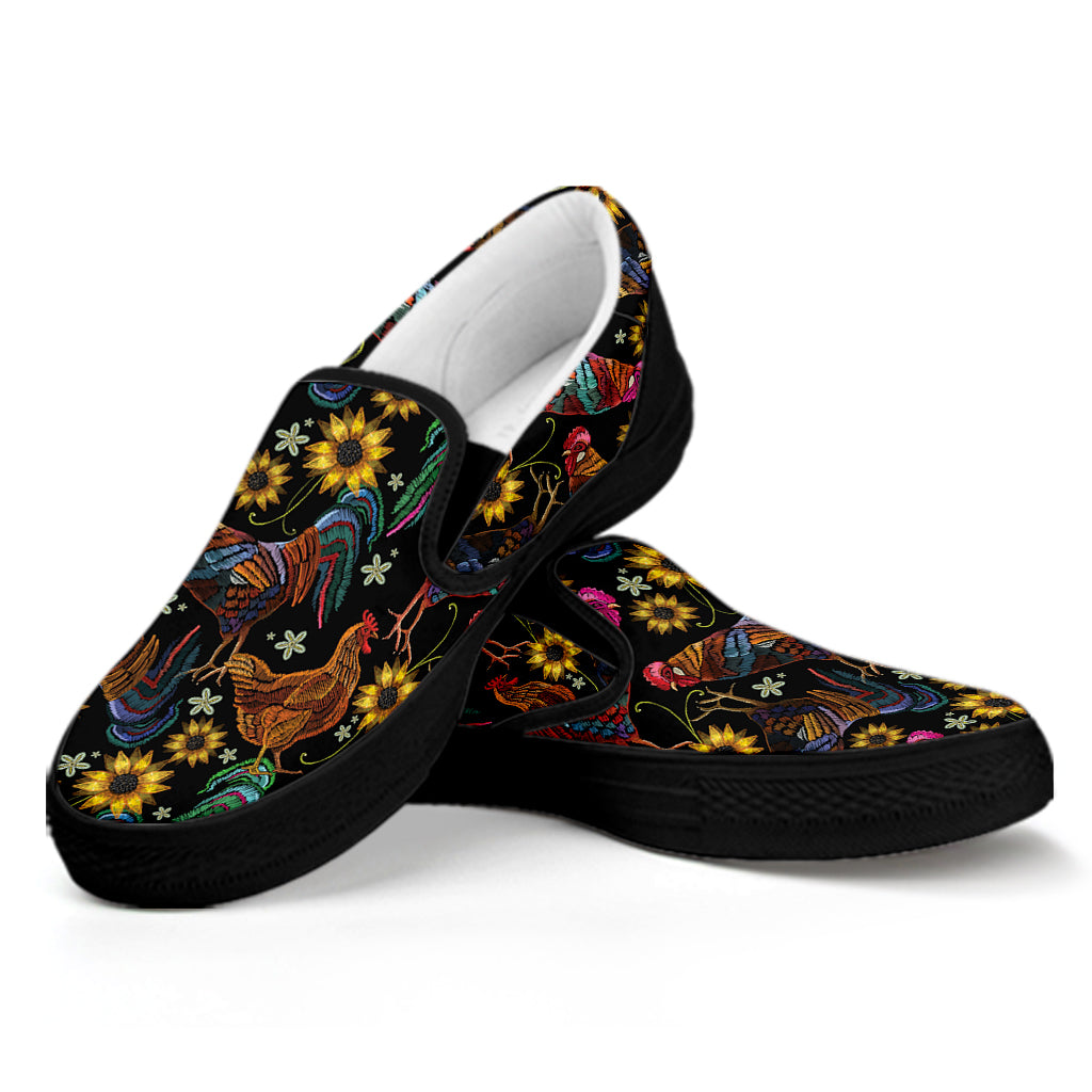 Embroidery Rooster Pattern Print Black Slip On Shoes