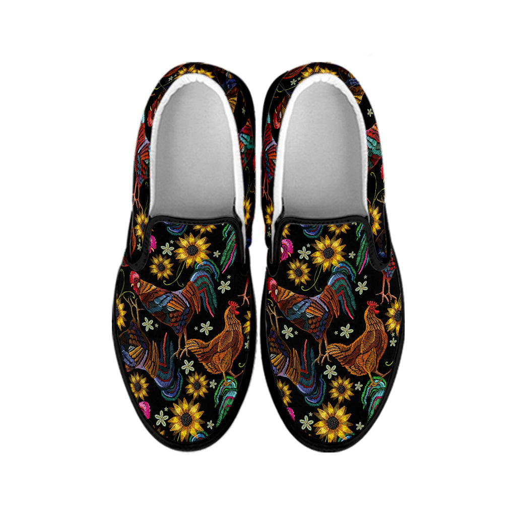 Embroidery Rooster Pattern Print Black Slip On Shoes