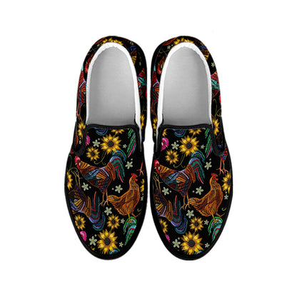 Embroidery Rooster Pattern Print Black Slip On Shoes