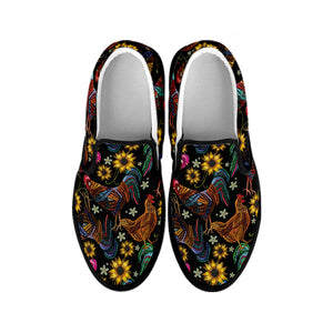 Embroidery Rooster Pattern Print Black Slip On Shoes