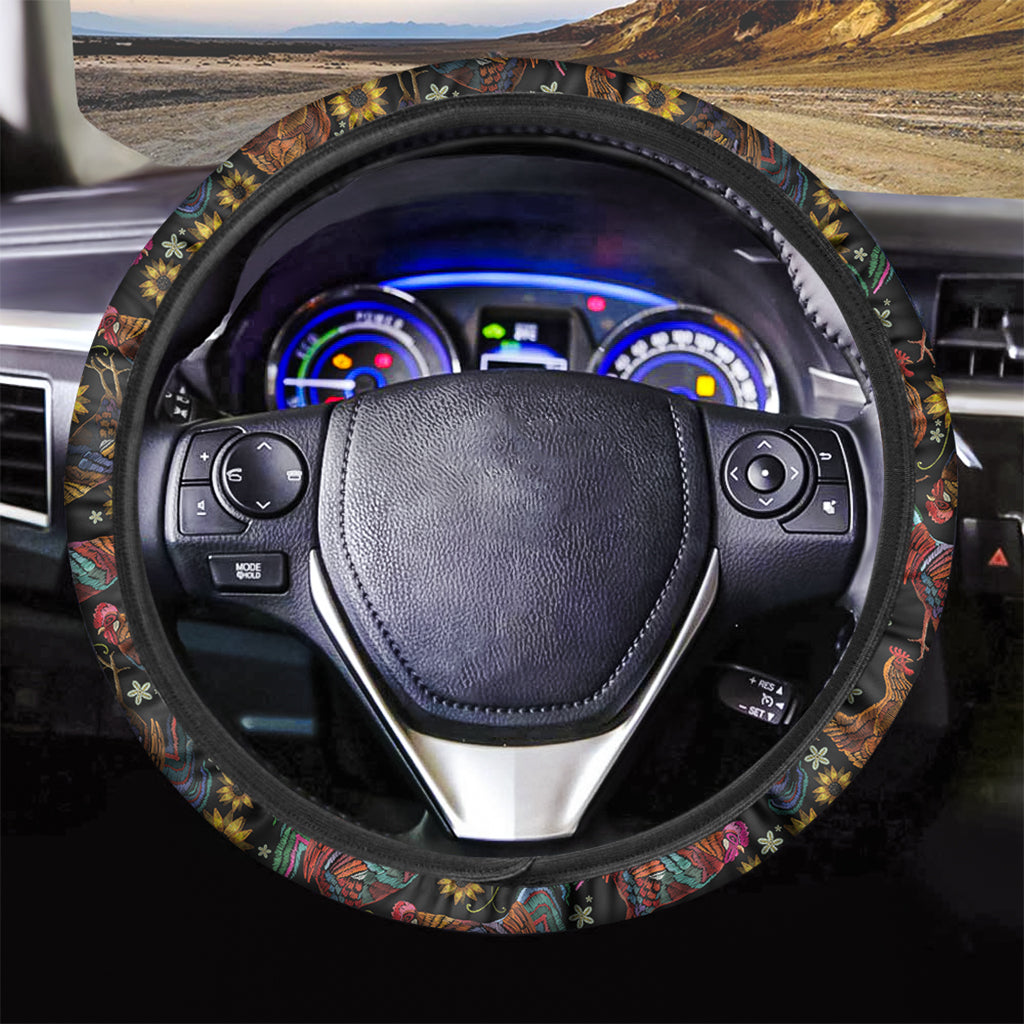 Embroidery Rooster Pattern Print Car Steering Wheel Cover