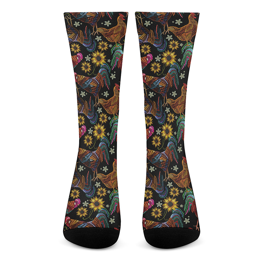 Embroidery Rooster Pattern Print Crew Socks