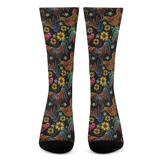 Embroidery Rooster Pattern Print Crew Socks