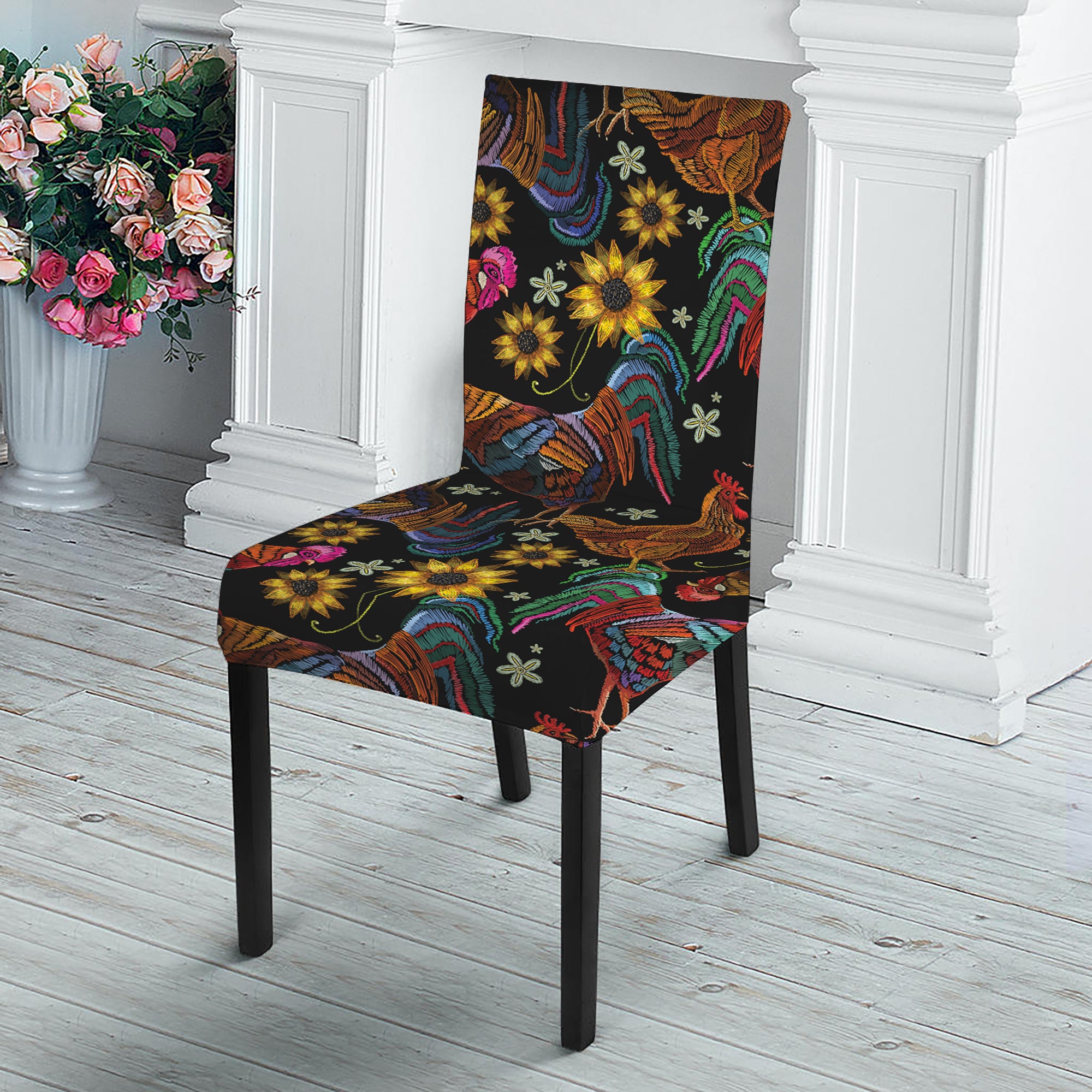 Embroidery Rooster Pattern Print Dining Chair Slipcover