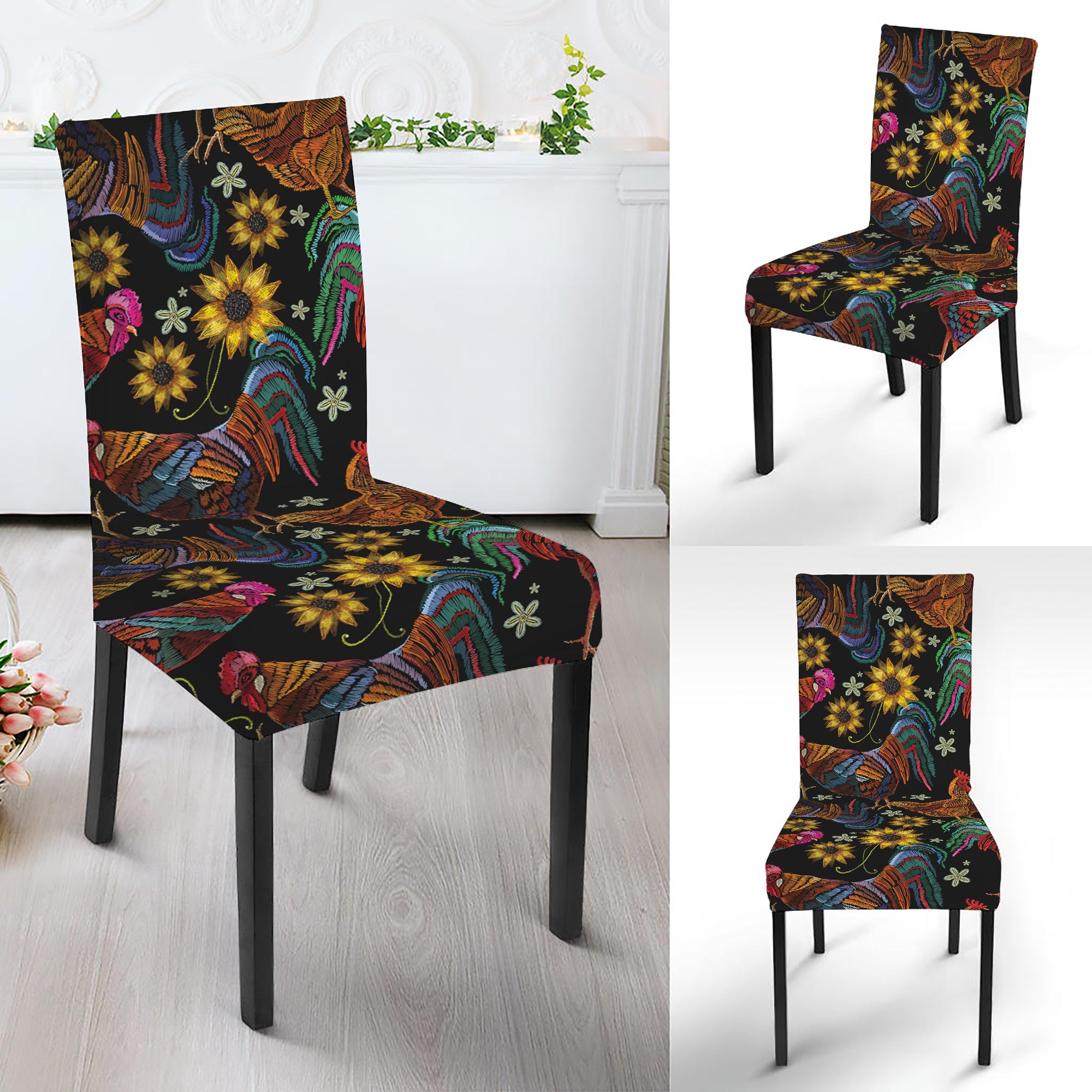 Embroidery Rooster Pattern Print Dining Chair Slipcover