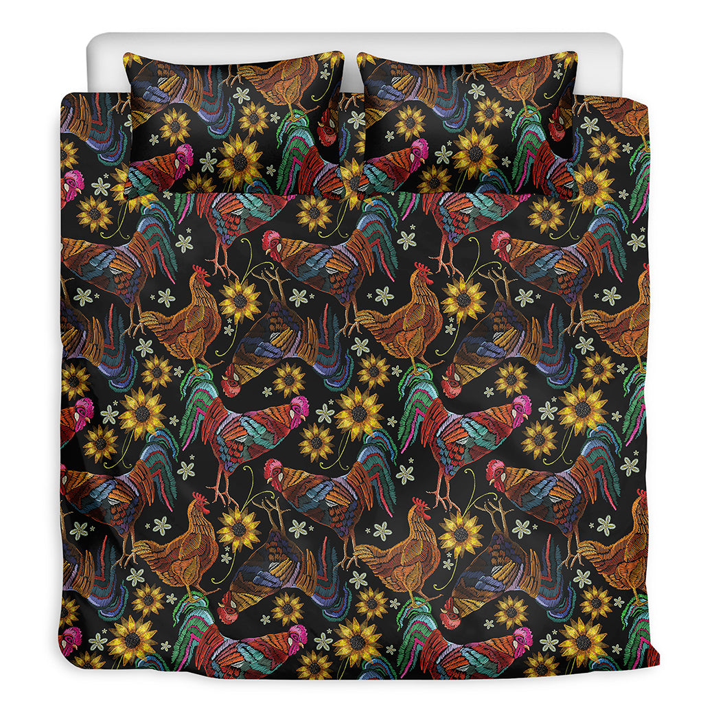 Embroidery Rooster Pattern Print Duvet Cover Bedding Set