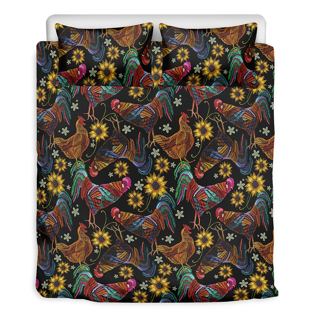 Embroidery Rooster Pattern Print Duvet Cover Bedding Set