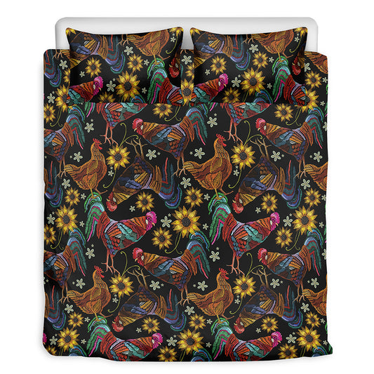 Embroidery Rooster Pattern Print Duvet Cover Bedding Set