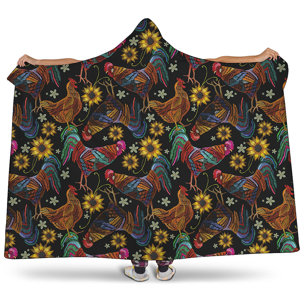 Embroidery Rooster Pattern Print Hooded Blanket