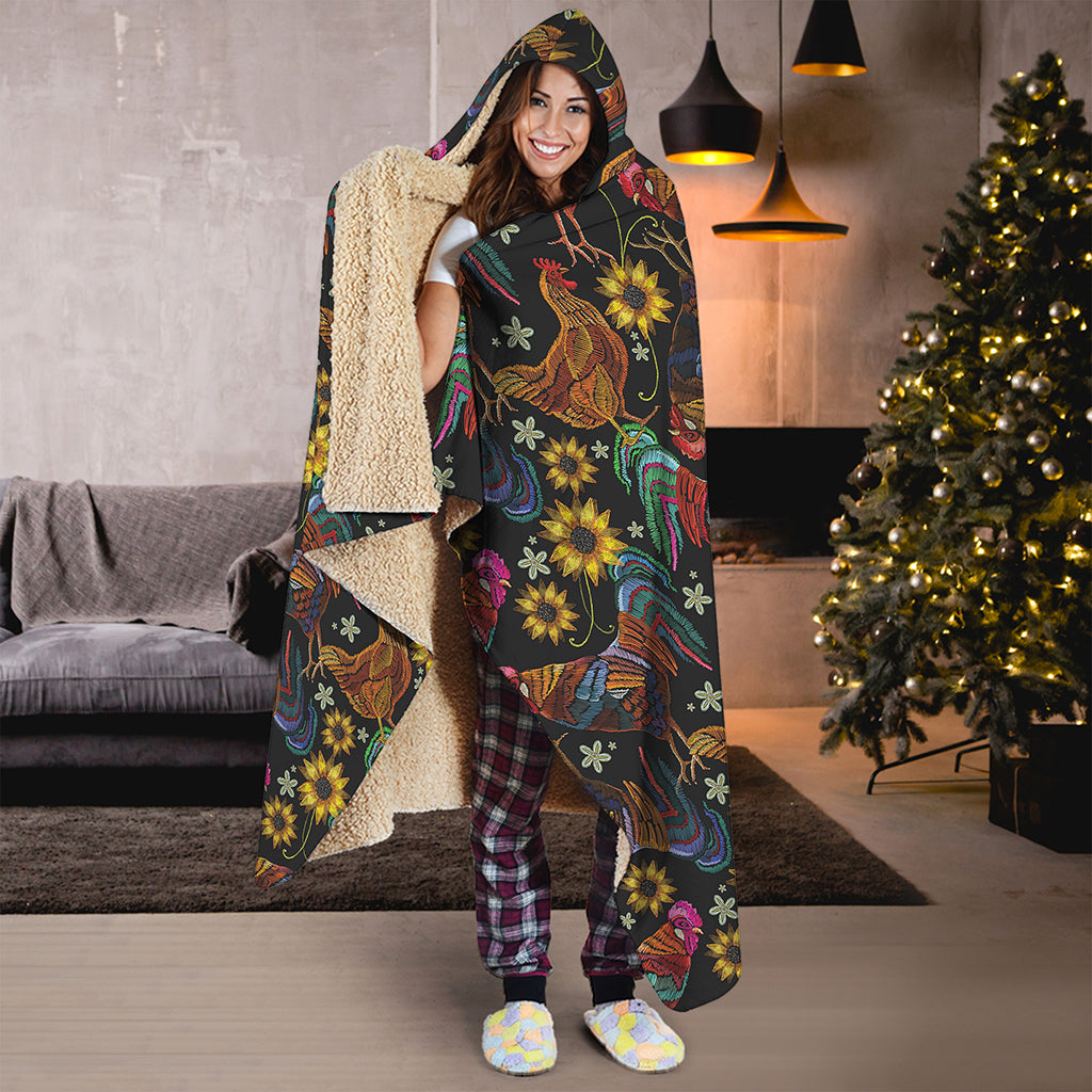 Embroidery Rooster Pattern Print Hooded Blanket