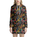 Embroidery Rooster Pattern Print Hoodie Dress