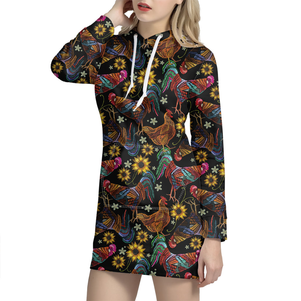 Embroidery Rooster Pattern Print Hoodie Dress