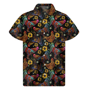 Embroidery Rooster Pattern Print Men's Short Sleeve Shirt