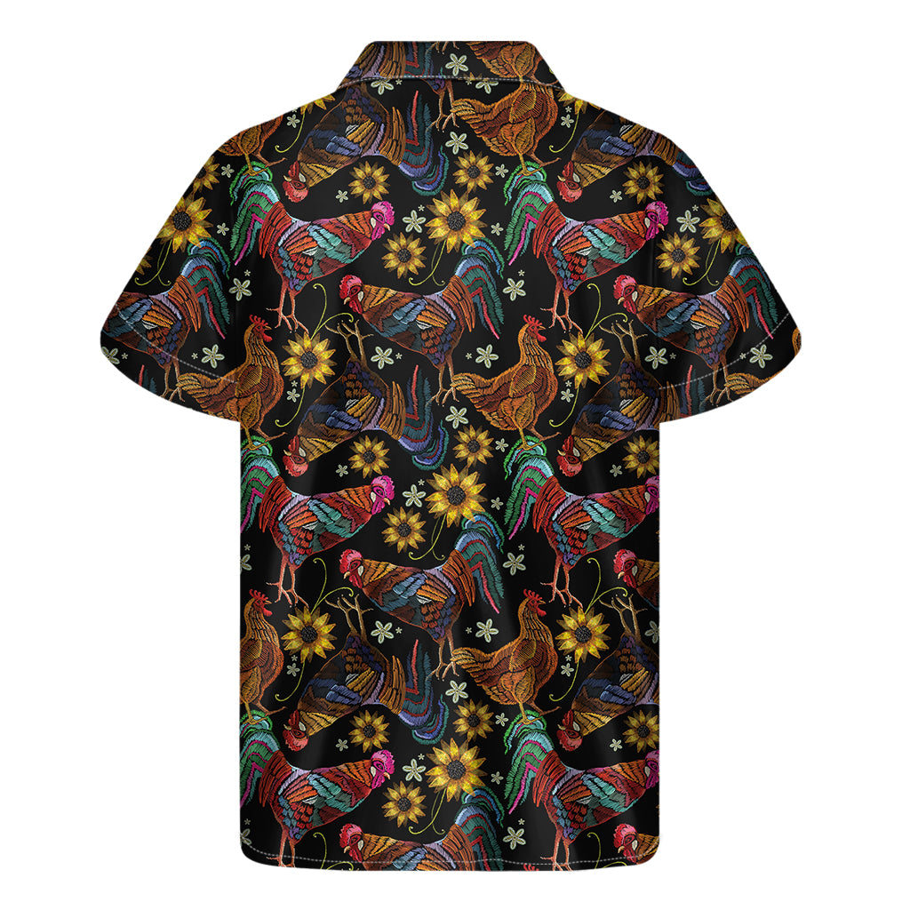 Embroidery Rooster Pattern Print Men's Short Sleeve Shirt